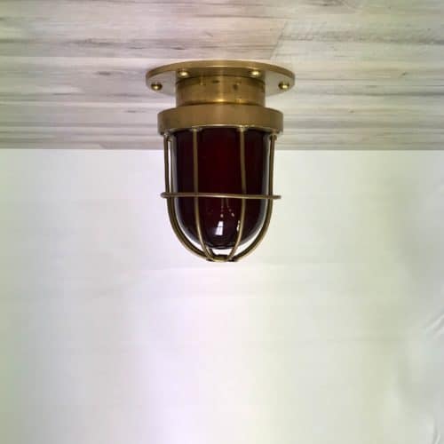 Small Red Glass Brass Nautical Caged Ceiling Light 
