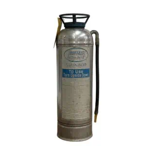 Stainless steel antique fire extinguisher full view with hose and top handle