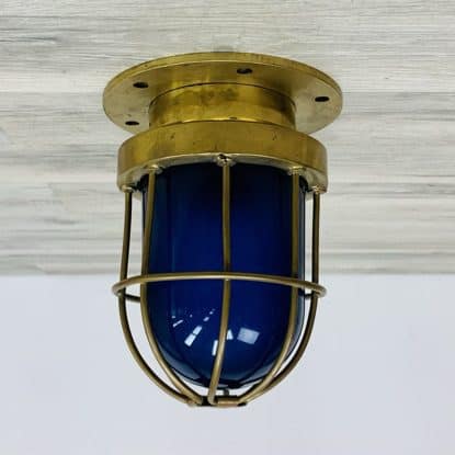 Blue Glass Brass Nautical Caged Ceiling Light