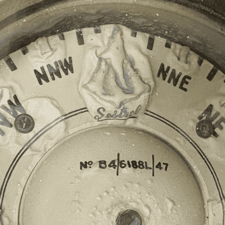 Salvaged Nautical Brass Sestrel Lifeboat Compass close up Sestrel marking and serial number compass detail