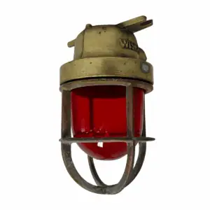 Small Vintage Brass Red Globe Ceiling Light on white background