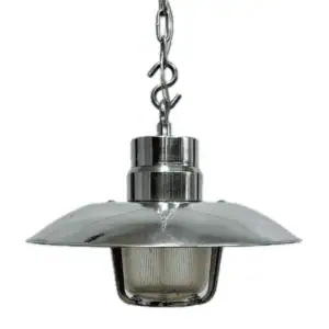 Aluminum ceiling light with ribbed globe and rain cap, chain-hung design
