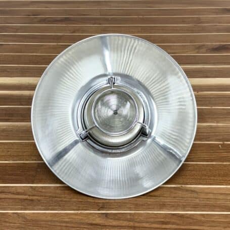 Aluminum Ceiling Light with Ribbed Globe and Rain Cap (5) Bottom view of silver hanging light featuring ribbed globe