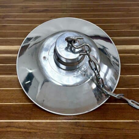 Aluminum Ceiling Light with Ribbed Globe and Rain Cap (6) Top view of silver light displaying wiring and chain attachment