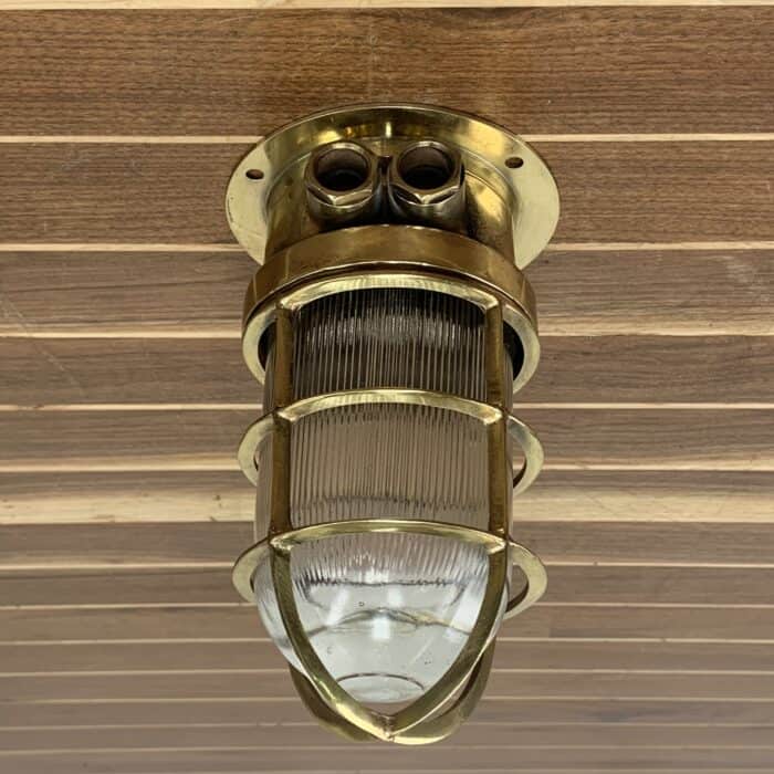 Vintage Nautical Brass Ceiling Light With Ribbed Globe