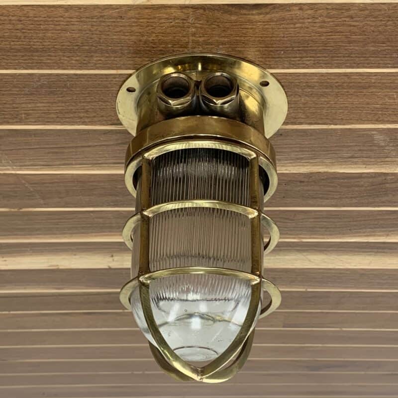 Vintage Nautical Brass Ceiling Light With Ribbed Globe