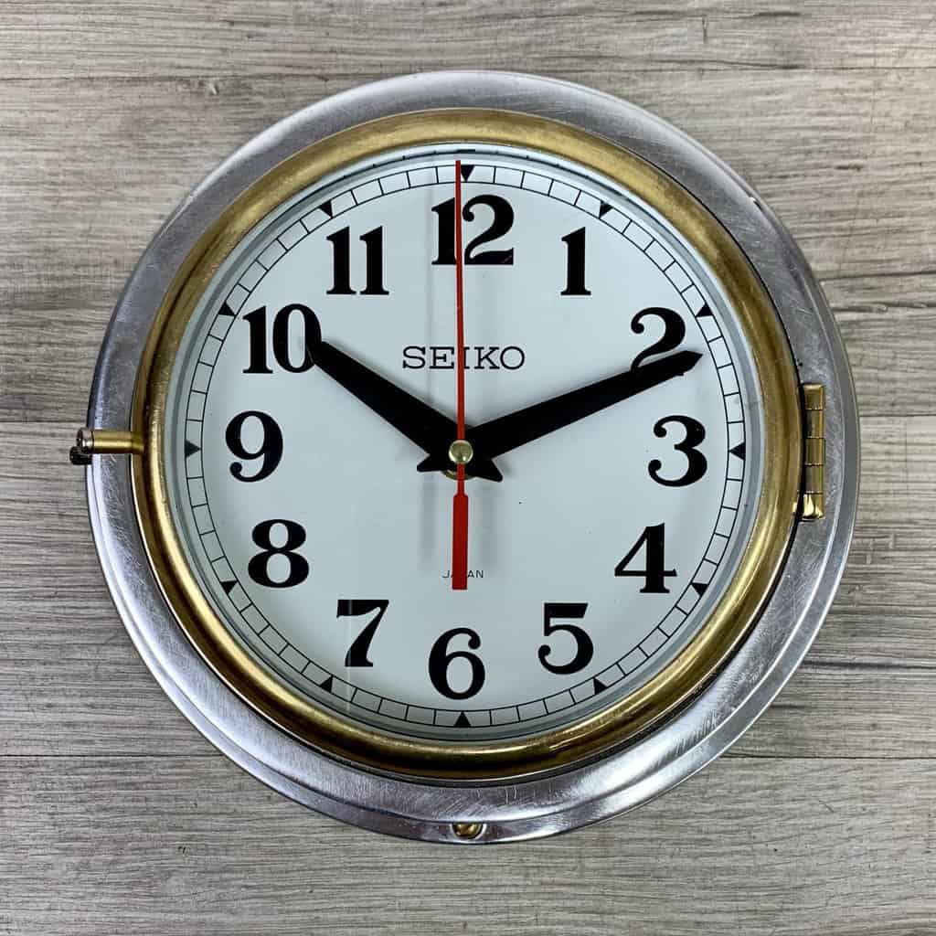 Stainless Steel Seiko Nautical Wall Clock With Brass Accents