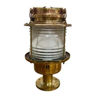 vintage brass post light front view with dual tone brass and glass enclosure