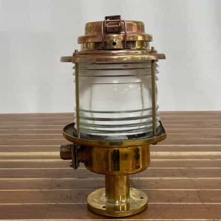 Vintage Brass Post Light with 360° Glass and Dual-Tone Finish 04 vintage brass post light side view showing conduit entry and brass body