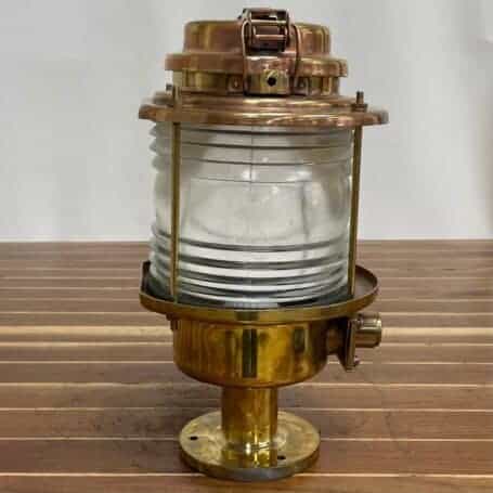 Vintage Brass Post Light with 360° Glass and Dual-Tone Finish 06 vintage nautical light with glass lens and brass frame detail