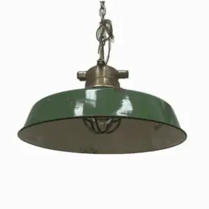 Brass and enamel ceiling light with green shade hanging from chain