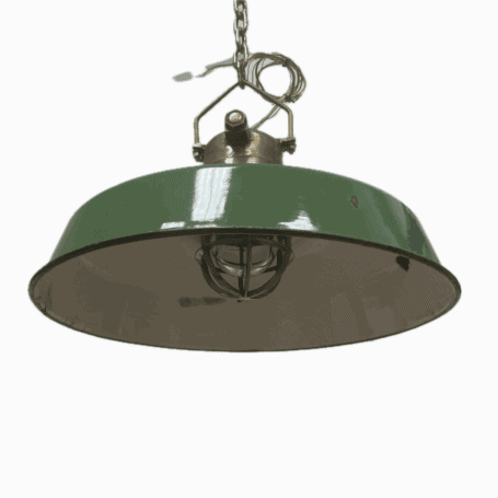 Brass and Enamel Ceiling Light with Green Shade - Salvaged Ship Fixture 02 Side angle of brass and enamel ceiling light showing wiring and cage