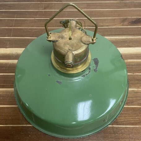 Brass and Enamel Ceiling Light with Green Shade - Salvaged Ship Fixture 03 Top view of brass and enamel ceiling light showing conduit and patina