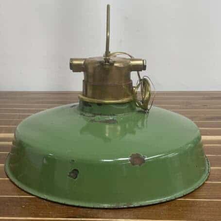 Brass and Enamel Ceiling Light with Green Shade - Salvaged Ship Fixture 04 Side profile of brass and enamel ceiling light showing rust spots