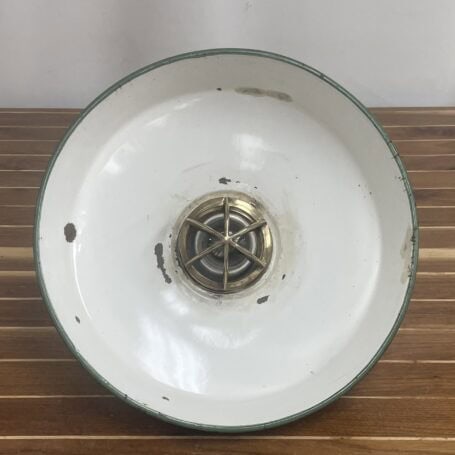 Brass and Enamel Ceiling Light with Green Shade - Salvaged Ship Fixture 05 Interior of green enamel ceiling shade with exposed white paint and bulb guard