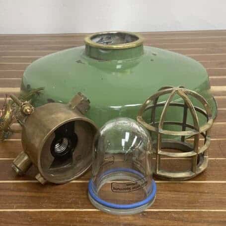 Brass and Enamel Ceiling Light with Green Shade - Salvaged Ship Fixture 06 Disassembled industrial nautical light parts including brass cage and glass dome