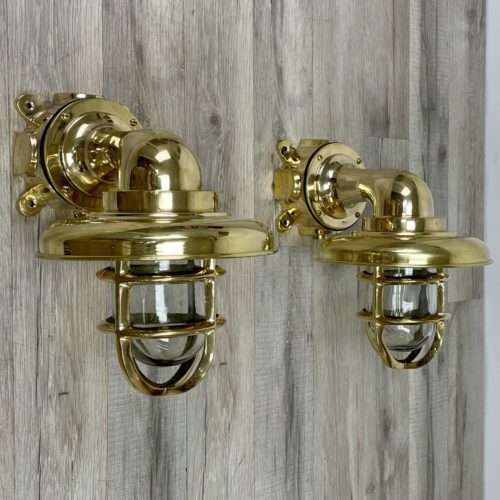 Set of TWO Nautical Brass Bulkhead Dock Lights With BRASS Rain Caps