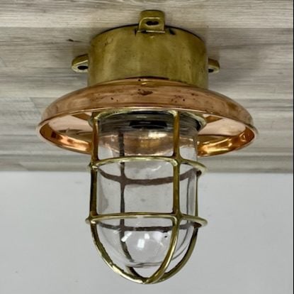 Vintage Engine Room Brass Ceiling Light With 7.5 Copper Rain Cap