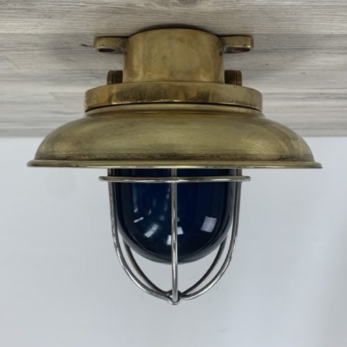 Nautical Ceiling Light With Blue Glass and Brass Deflector Cover