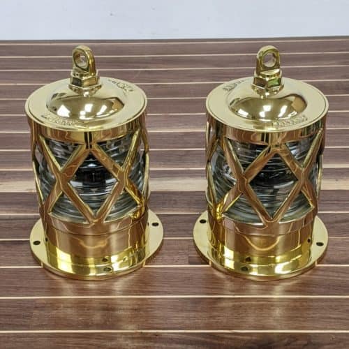 SET OF TWO Solid Brass European Style Nautical Piling Post Light With Fresnel Lens