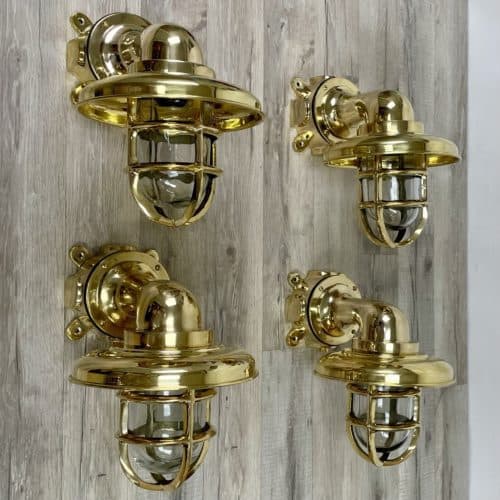 Set of FOUR Nautical Brass Bulkhead Dock Lights With BRASS Rain Caps