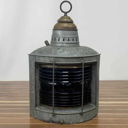 Vintage Galvanized Blue Fresnel Glass Oil Lantern