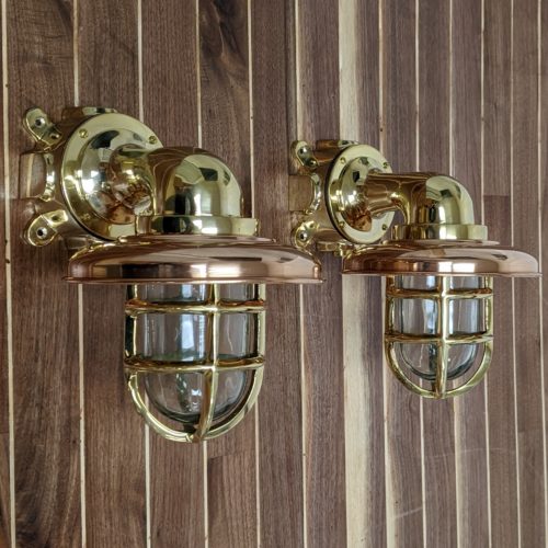 Nautical Brass Wall Sconces With COPPER Rain Caps (Set of 2)