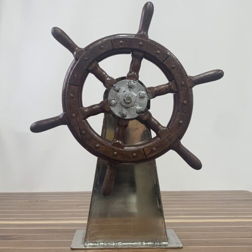 Wooden Ship's Wheel On Stainless Steel Stand