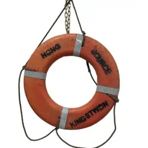 salvaged life ring from cargo ship Hong Source showing Kingstown markings and original rope