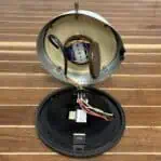 Open showing clock mechanism: Clock opened to show original internal wiring and components