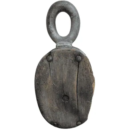 Vintage wooden pulley for sale with iron loop and two sheaves, rustic nautical decor