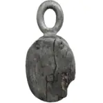 Close-up of vintage wooden pulley showing weathered and deteriorating side, antique decor piece