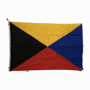 Vintage maritime Zulu flag measuring 71x46 inches, with bold colors and visible age from ship use.