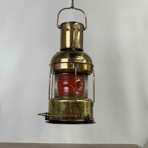 Vintage Brass And Copper Red Fresnel Lens Oil Lantern