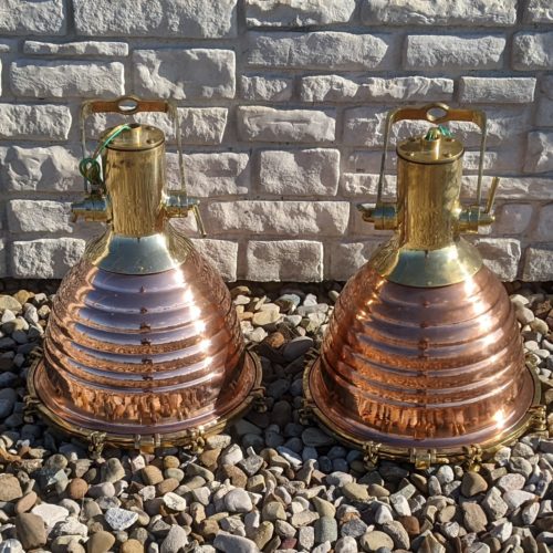 Large WISKA Copper and Brass Beehive Pendant Light (Lot of 2)