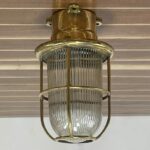 Vintage Brass Long Ribbed Glass Globe Ceiling Light