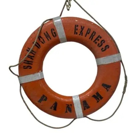 vintage ship life ring SHANDONG EXPRESS Panama front view with rope and reflective bands