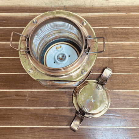 Flat-Sided Brass Pier Light (3) Top socket view with lid off showing interior