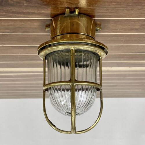 Small Vintage Brass Ribbed Globe Ceiling Light