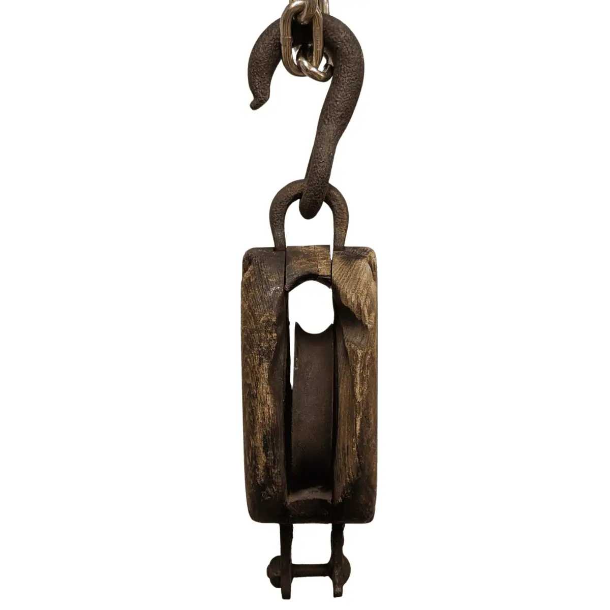 Front view of Upson-Walton vintage wood pulley with single sheave and cast iron hook, showcasing its rustic maritime design.