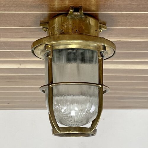 Vintage Brass Thin Ribbed Glass Nautical Ceiling Light