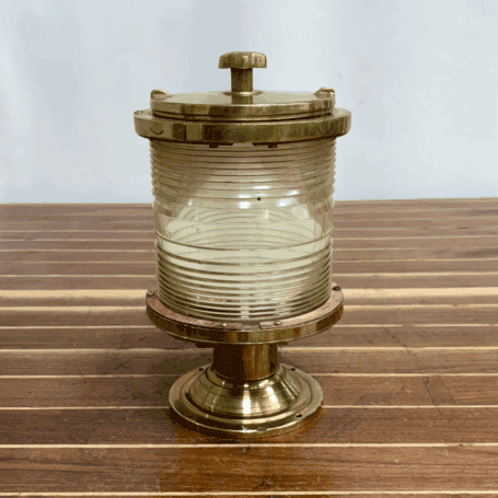 Vintage Nautical Brass Fresnel Post Light (5) Vintage Nautical Brass Fresnel Post Light, angled perspective
