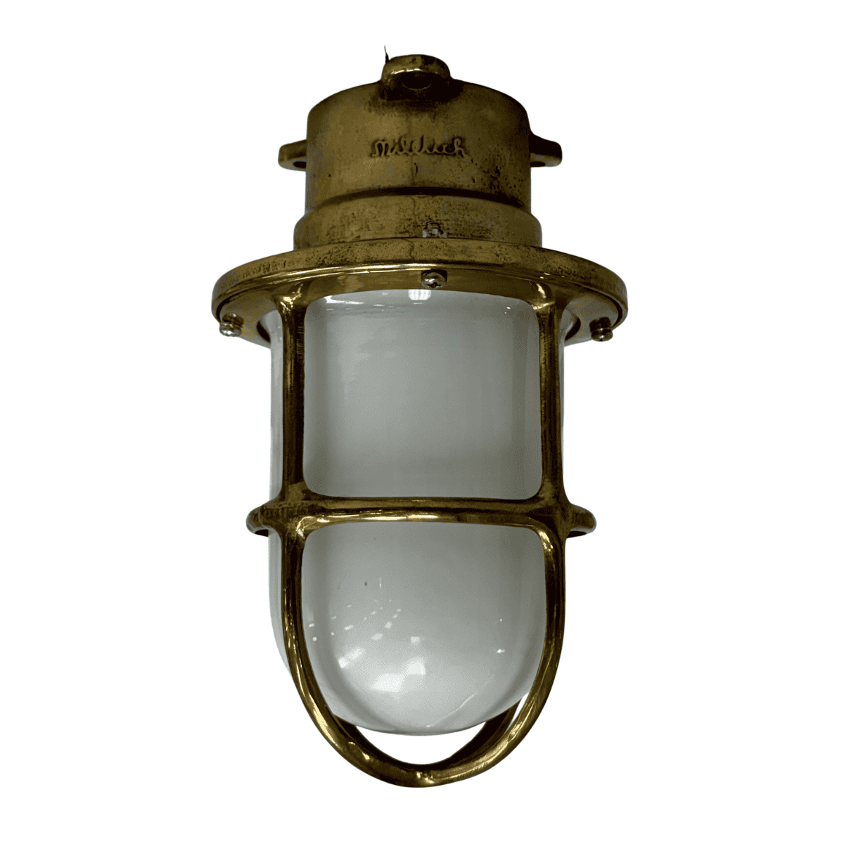 White Globe Caged Brass Ceiling Light (5) Front view of Miletich white globe ceiling light with maker’s mark