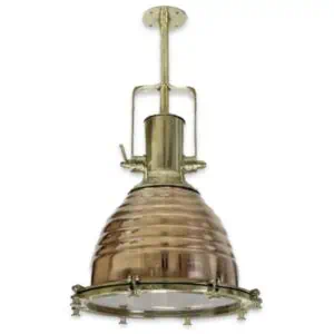 Large brass pendant light without background, showing polished brass and copper accents