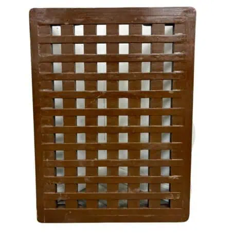 Front view of a nautical wooden grate with risers, showcasing its rustic brown finish.