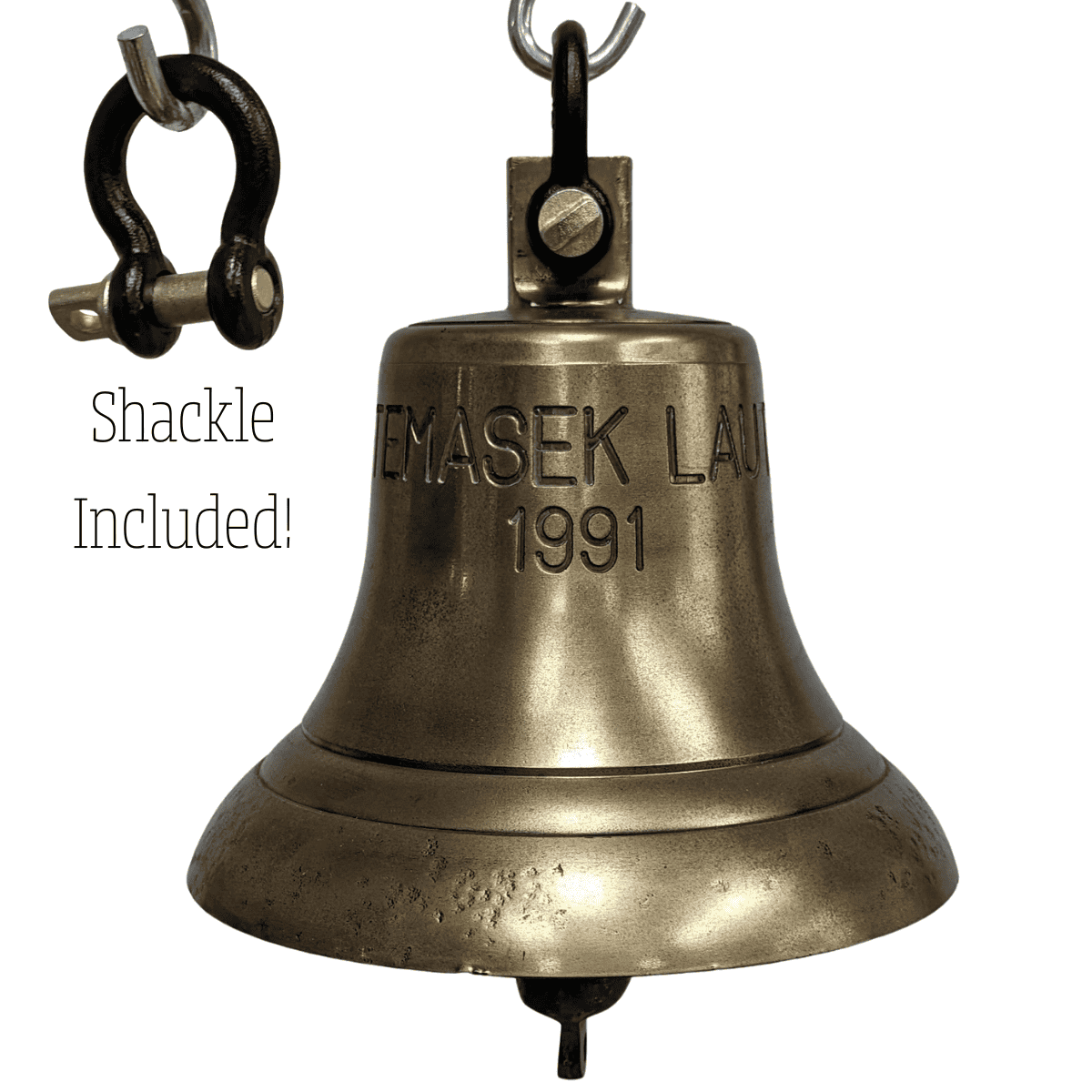 Brass Ship's Bell Offshore Tugboat Bell Temasek Laut 1991 with Shackle