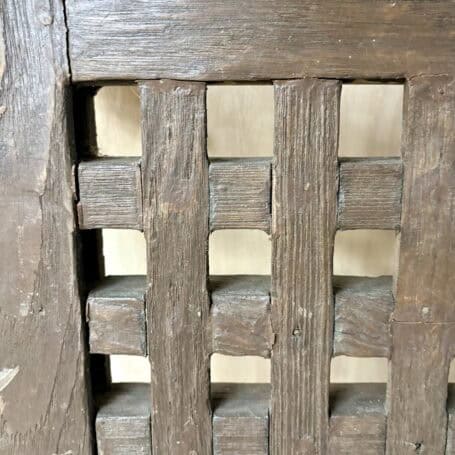 Large Vintage Wood Grate - 41x32 Rustic Salvaged Piece Close-up of wear and tear on a vintage wood grate with risers.