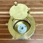 Large Clear Fresnel Lens Post Light top view with open brass lid and ceramic socket