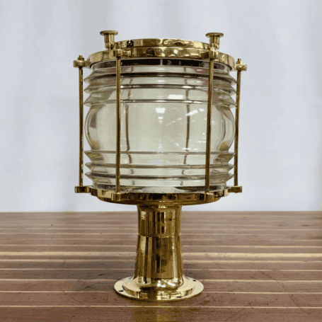 Large Clear Fresnel Lens Post Light (5) Brass marine dock fixture showing Fresnel glass globe