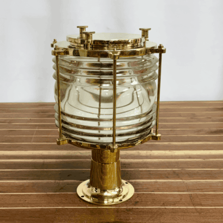 Large Clear Fresnel Lens Post Light (6) Nautical brass deck mounted fixture with recycled metal housing